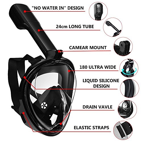 Srwmml qfht Máscara de esnórquel de Cara Completa de 180° - máscara de Buceo panorámica y Snorkel con Soporte GroPro antiempañamiento antifugas para Adultos