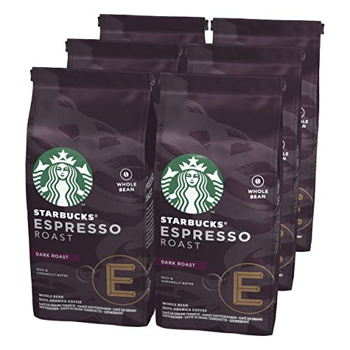 Starbucks 12411370 Espresso Dark Roast Café de Grano Entero de Tostado Intenso, 6 x Bolsa de 200g