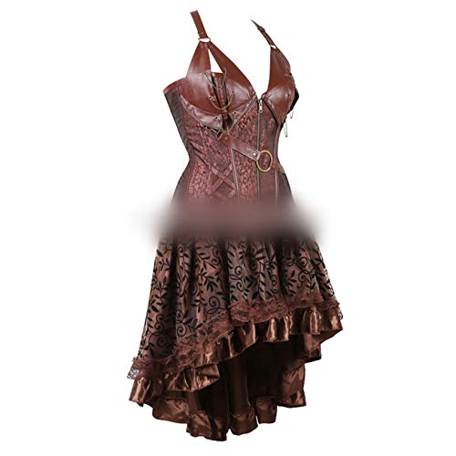 Steampunk Bustier Corset Dress Negro Cremallera Marrón Corsé de Cuero sintético Negro con Falda Gothic Punk Burlesque Pirate 81057056Brown XL