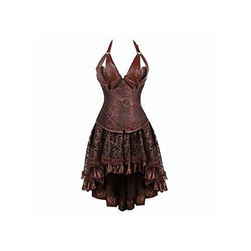 Steampunk Bustier Corset Dress Negro Cremallera Marrón Corsé de Cuero sintético Negro con Falda Gothic Punk Burlesque Pirate 81057056Brown XL
