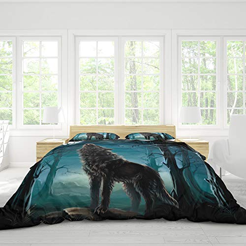 Sticker superb Otoño Invierno Calentar Azul Gris Negro Juego de Funda nórdica con Cremallera, Animal 3D Lobo Gato Rinoceronte Juego de Cama Hotel 3 Piezas (Lobo 1, 220x240cm para Cama 150cm)