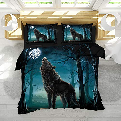 Sticker superb Otoño Invierno Calentar Azul Gris Negro Juego de Funda nórdica con Cremallera, Animal 3D Lobo Gato Rinoceronte Juego de Cama Hotel 3 Piezas (Lobo 1, 220x240cm para Cama 150cm)