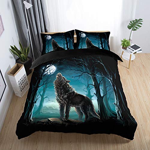 Sticker superb Otoño Invierno Calentar Azul Gris Negro Juego de Funda nórdica con Cremallera, Animal 3D Lobo Gato Rinoceronte Juego de Cama Hotel 3 Piezas (Lobo 1, 220x240cm para Cama 150cm)