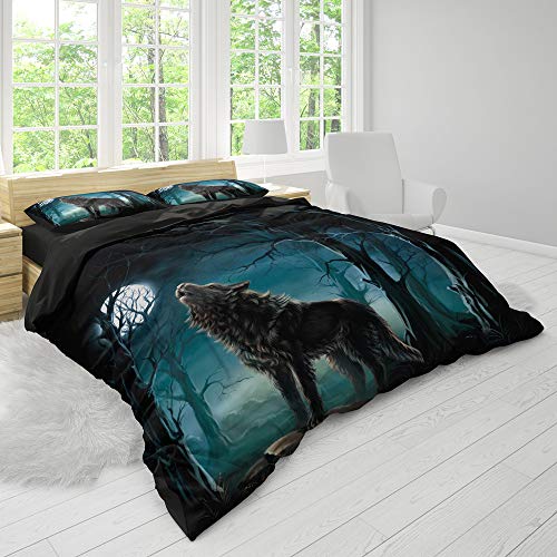 Sticker superb Otoño Invierno Calentar Azul Gris Negro Juego de Funda nórdica con Cremallera, Animal 3D Lobo Gato Rinoceronte Juego de Cama Hotel 3 Piezas (Lobo 1, 220x240cm para Cama 150cm)