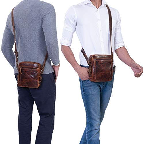STILORD 'Nash' Bolso Mensajero Hombre Pequeño de Cuero Vintage Bolso de Hombro Cruzado Bolsa Bandolera de Auténtica Piel, Color:Milano - marrón