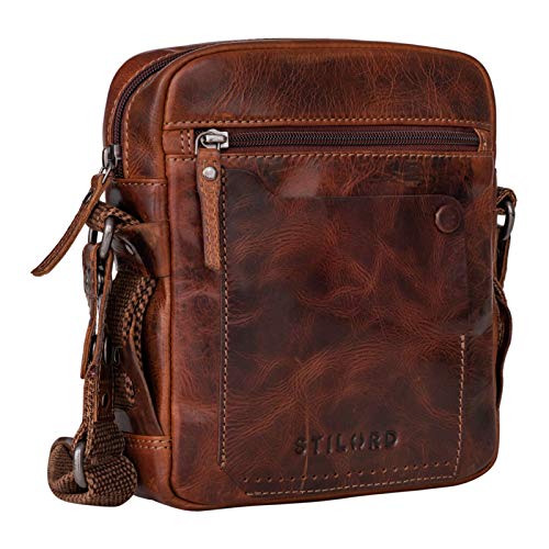STILORD 'Nash' Bolso Mensajero Hombre Pequeño de Cuero Vintage Bolso de Hombro Cruzado Bolsa Bandolera de Auténtica Piel, Color:Milano - marrón