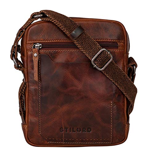 STILORD 'Nash' Bolso Mensajero Hombre Pequeño de Cuero Vintage Bolso de Hombro Cruzado Bolsa Bandolera de Auténtica Piel, Color:Milano - marrón