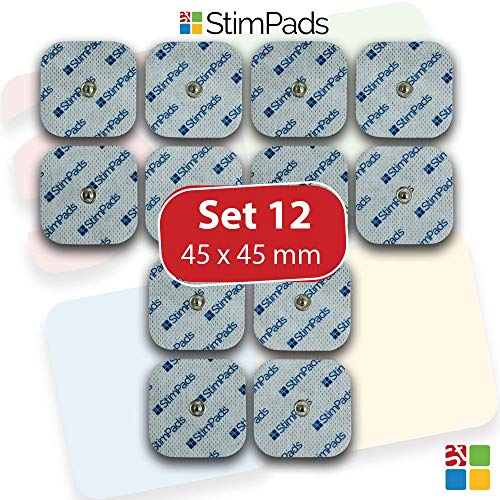 StimPads, 45X45mm, ECO-PACK de 12 unidades de alto rendimiento, electrodos TENS - EMS de larga duración con conector universal tipo snap de 3.5mm