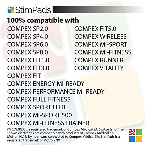 StimPads Electrodos para Compex*, envase con 4 electrodos 50x100mm de “UN Snap”. ¡Funcionan a la perfección con Compex*,100% compatibles! ¡Ahorra hasta el 50% en comparación con los Originales!