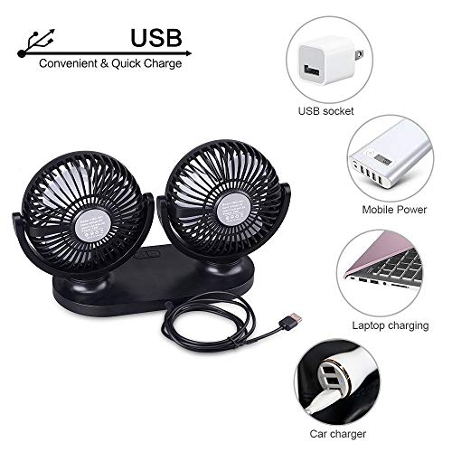 STLOVe Ventilador USB Mini Ventilador Doble Cabeza 360° Rotación Rotación Horizontal 180 ° 3 Velocidades Ventilador Portatil Adecuado para Coche/Mesa/Oficina/Camping/La Pesca etc - Negro