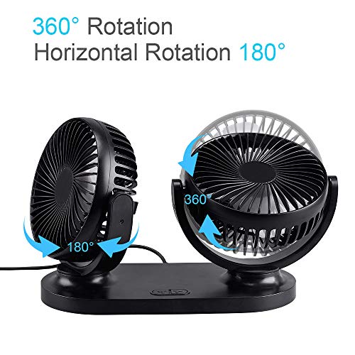 STLOVe Ventilador USB Mini Ventilador Doble Cabeza 360° Rotación Rotación Horizontal 180 ° 3 Velocidades Ventilador Portatil Adecuado para Coche/Mesa/Oficina/Camping/La Pesca etc - Negro