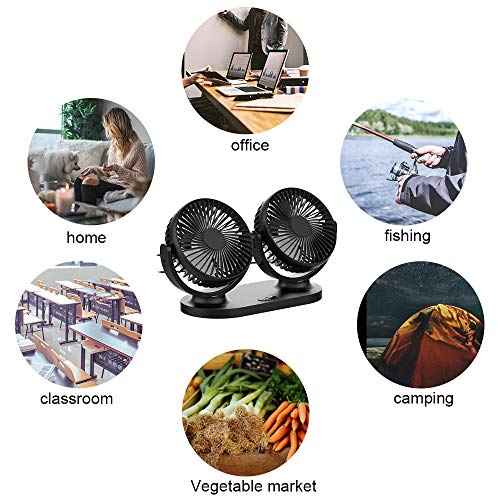 STLOVe Ventilador USB Mini Ventilador Doble Cabeza 360° Rotación Rotación Horizontal 180 ° 3 Velocidades Ventilador Portatil Adecuado para Coche/Mesa/Oficina/Camping/La Pesca etc - Negro