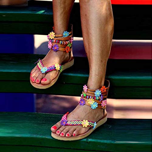 STRIR Mujer Sandalias Romanas Botas Altas Zapatos Antideslizante Cuero Chicas Verano Sandalias Bohemia Mujer Sandalias de Cuero de Gladiador Pisos Zapatos Sandalias Planas Playa