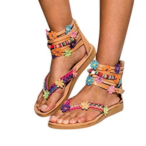 STRIR Mujer Sandalias Romanas Botas Altas Zapatos Antideslizante Cuero Chicas Verano Sandalias Bohemia Mujer Sandalias de Cuero de Gladiador Pisos Zapatos Sandalias Planas Playa