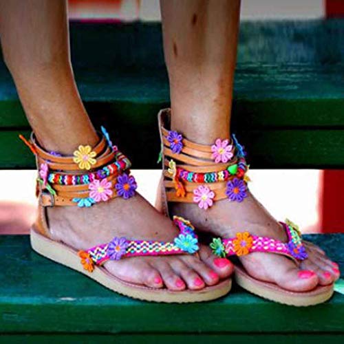 STRIR Mujer Sandalias Romanas Botas Altas Zapatos Antideslizante Cuero Chicas Verano Sandalias Bohemia Mujer Sandalias de Cuero de Gladiador Pisos Zapatos Sandalias Planas Playa