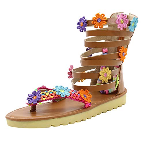 STRIR Mujer Sandalias Romanas Botas Altas Zapatos Antideslizante Cuero Chicas Verano Sandalias Bohemia Mujer Sandalias de Cuero de Gladiador Pisos Zapatos Sandalias Planas Playa