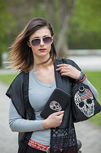 styleBREAKER Bolso de Mano Estilo Bolera con diseño de EE.UU, Calavera y estrás Negro, Bolso de Mano, señora 02012051, Color:Negro