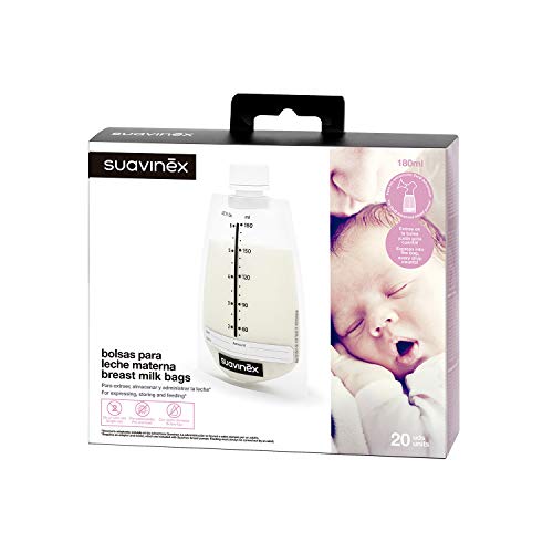 Suavinex - Pack 20 Bolsas Almacenamiento leche materna. Pre-Esterilizadas. Almacenar en frigorífico, Congelador o Alimentar al bebé. con Área de Etiquetado. sin BPA. tapón Hermético de Rosca, 180ml