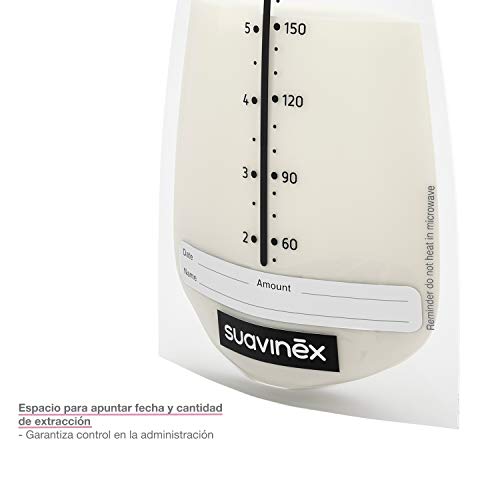 Suavinex - Pack 20 Bolsas Almacenamiento leche materna. Pre-Esterilizadas. Almacenar en frigorífico, Congelador o Alimentar al bebé. con Área de Etiquetado. sin BPA. tapón Hermético de Rosca, 180ml