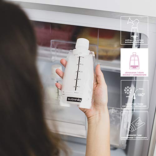 Suavinex - Pack 20 Bolsas Almacenamiento leche materna. Pre-Esterilizadas. Almacenar en frigorífico, Congelador o Alimentar al bebé. con Área de Etiquetado. sin BPA. tapón Hermético de Rosca, 180ml