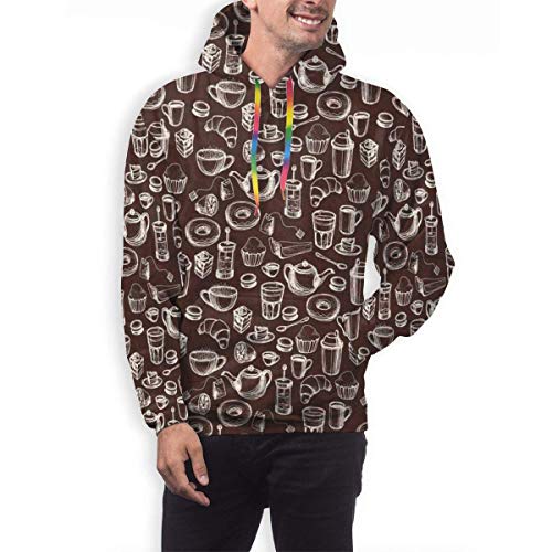 Sudadera con Capucha para Hombre, patrón de Estilo Dibujado a Mano con Tazas de té y café, rosquillas y Dulces, Camisetas de Manga Larga con Estampado 3D