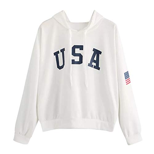 Sudaderas Adolescentes Chicas, Fossen Sudaderas Mujer Tumblr con Capucha - Emoticon Estampado Camiseta Blusa Tops de Manga Larga (Blanco~USA Patrón de Bandera, L)