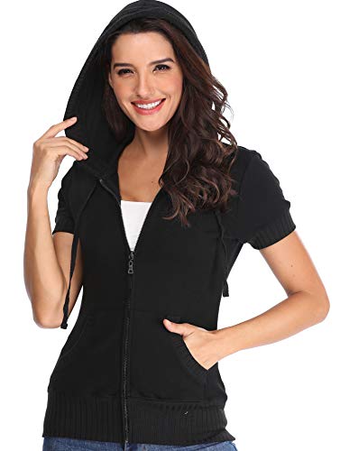 Sudaderas de Las Mujeres Negro Frontal Manga Corta Chaqueta Informal con Bolsillos Prendas de Vestir Exteriores básica - S