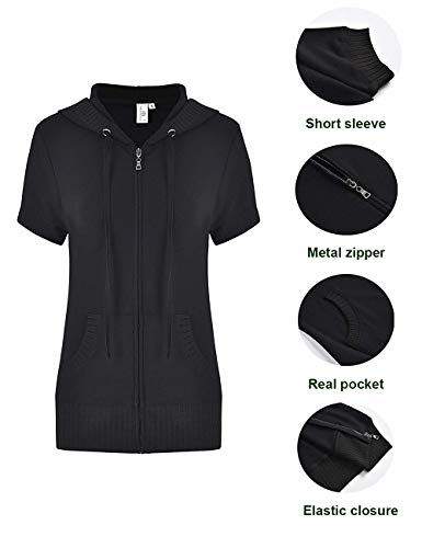Sudaderas de Las Mujeres Negro Frontal Manga Corta Chaqueta Informal con Bolsillos Prendas de Vestir Exteriores básica - S