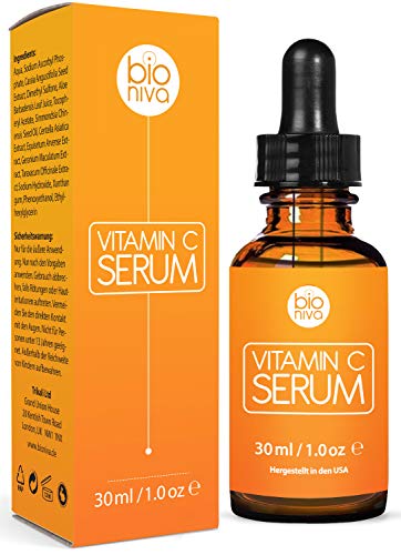 Suero de vitamina C de Bioniva con 20% de vitamina C + ácido hialurónico. El suero antienvejecimiento vegano. Reducir las arrugas y las líneas finas y estimular el colágeno. 30ml