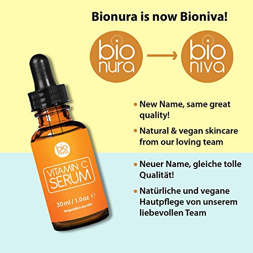 Suero de vitamina C de Bioniva con 20% de vitamina C + ácido hialurónico. El suero antienvejecimiento vegano. Reducir las arrugas y las líneas finas y estimular el colágeno. 30ml