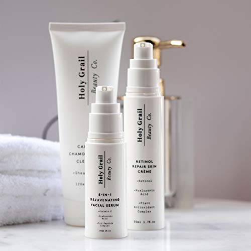 Suero facial con vitamina C, ácido hialurónico y complejo péptido. Reduce arrugas, líneas finas y elimina las manchas oscuras. Crema humectante antiarrugas todo en uno de Holy Grail Beauty