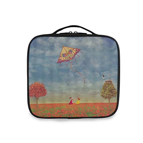 SUGARHE Niño Volando Cometa Campo Al Aire Libre Paisaje Flores Amapola Mar Niñas Feliz Jugando Bajo Cielo Soleado Niño Ar,Bolsa Cosméticos Organizador Brochas Maquillaje Estuches Portátil