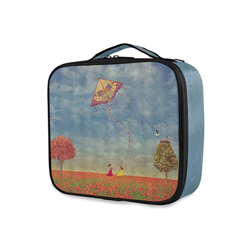 SUGARHE Niño Volando Cometa Campo Al Aire Libre Paisaje Flores Amapola Mar Niñas Feliz Jugando Bajo Cielo Soleado Niño Ar,Bolsa Cosméticos Organizador Brochas Maquillaje Estuches Portátil