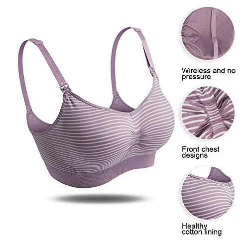 Sujetador de lactancia para mujer, patrón de rayas Ropa interior para mujeres embarazadas Copa de lactancia de maternidad Sujetador de lactancia(XL púrpura)