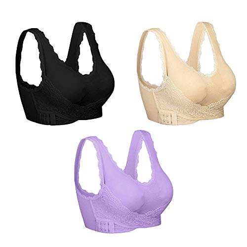 Sujetador deportivo para mujer, Sujetador elevador inalámbrico de encaje con hebilla lateral cruzada frontal ajustable, Sujetador sexy de soporte completo cómodo para ocio Yoga Activewear XL 3Pcs