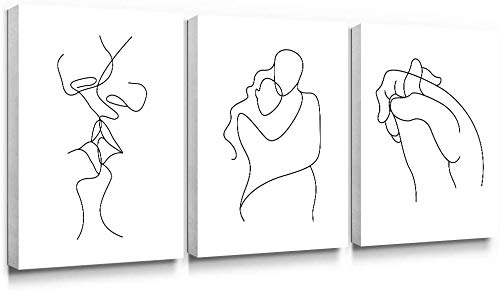 SUMGAR Cuadros en Lienzo Salón Decoración Dormitorios Baño Modernos Abstractos Minimalista Dibujo Linea Lienzo en Blanco y Negro Obra de Arte la Pared Románticas Pintura 30x40cm,Set de 3