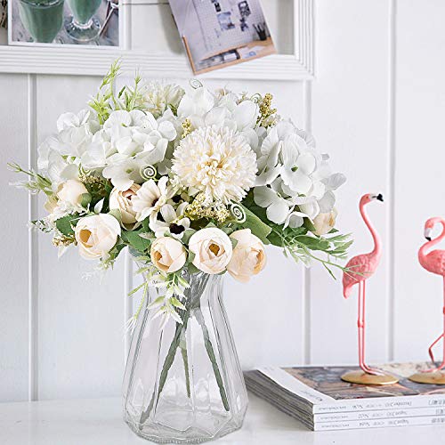 Sun Boutique - Ramo artificial de 2 piezas de peonías falsas blancas hortensias claveles flores artificiales para decoración de mesa de ramo de boda.