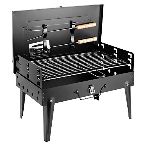 SunJas Barbacoa Portátil Barbacoa de Carbón Plegable con Parrillas de Acero Inoxidable Asador al Aire Libre Mini BBQ para 4-6 Personas para Jardin, Picnic, Camping - Color Negro