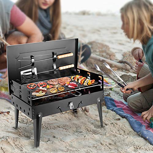 SunJas Barbacoa Portátil Barbacoa de Carbón Plegable con Parrillas de Acero Inoxidable Asador al Aire Libre Mini BBQ para 4-6 Personas para Jardin, Picnic, Camping - Color Negro