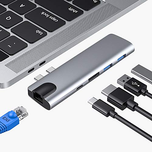 SUNKY Hub USB C, Adaptador de Hub Tipo C RJ45 HDMI para Macbook Air 2018 Macbook Pro 2018 2017 2016 con Salida HDMI 4K, Ethernet RJ45 1000M, 2 Puertos USB 3.0 y Puerto de Carga/Datos Tipo PD C (Grey)