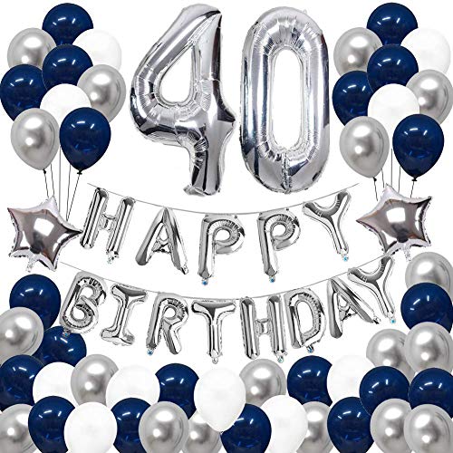 SUNPAT Decoraciones de 40 Cumpleaños, Feliz Cumpleaños Banner Kit Número 40 Set de Decoraciones de Fiesta Con Globos de Ppapel de Aluminio Azul y Astilla Para Hombres