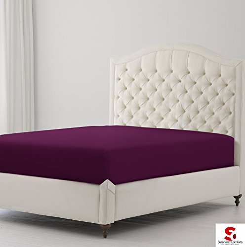 Sunshine Comfort® - Sábana Bajera Ajustable de algodón de percal de 180 Hilos, no Necesita Planchado, 25 cm de Profundidad, Color Morado