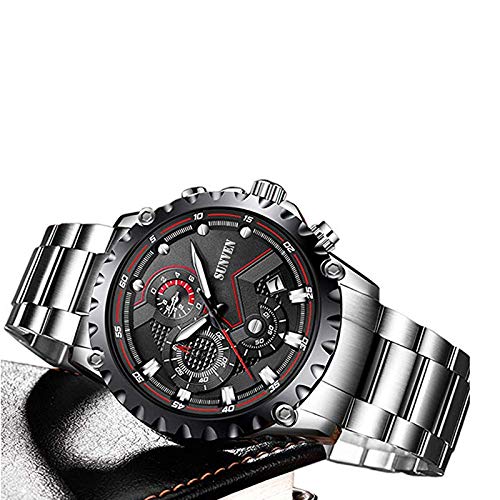 SUNVEN Hombre Reloj Blanco Impermeable Deportes Cuarzo Resistente al Agua 30M con Pulsera de Acero Inoxidable Cronógrafo y Calendario Relojes de Moda de Estilo (Negro)
