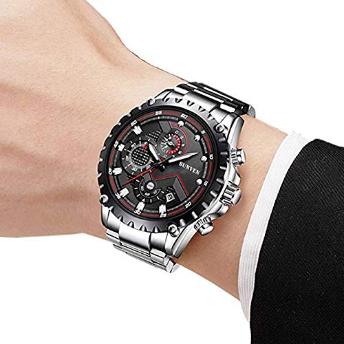 SUNVEN Hombre Reloj Blanco Impermeable Deportes Cuarzo Resistente al Agua 30M con Pulsera de Acero Inoxidable Cronógrafo y Calendario Relojes de Moda de Estilo (Negro)