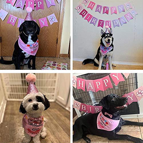Sunwuun Perro Cumpleaños Bandana Sombrero Banner Set, Mascota Feliz Cumpleaños Adorable Sombrero Banner Pañuelos Corbatas para Niños y Niñas (Pink)
