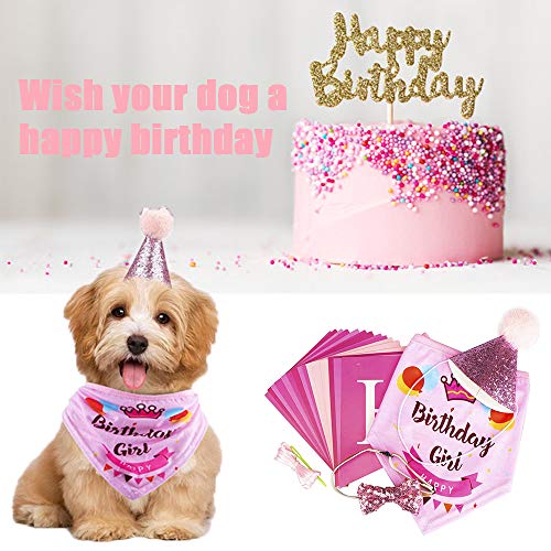 Sunwuun Perro Cumpleaños Bandana Sombrero Banner Set, Mascota Feliz Cumpleaños Adorable Sombrero Banner Pañuelos Corbatas para Niños y Niñas (Pink)