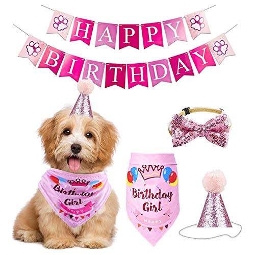 Sunwuun Perro Cumpleaños Bandana Sombrero Banner Set, Mascota Feliz Cumpleaños Adorable Sombrero Banner Pañuelos Corbatas para Niños y Niñas (Pink)