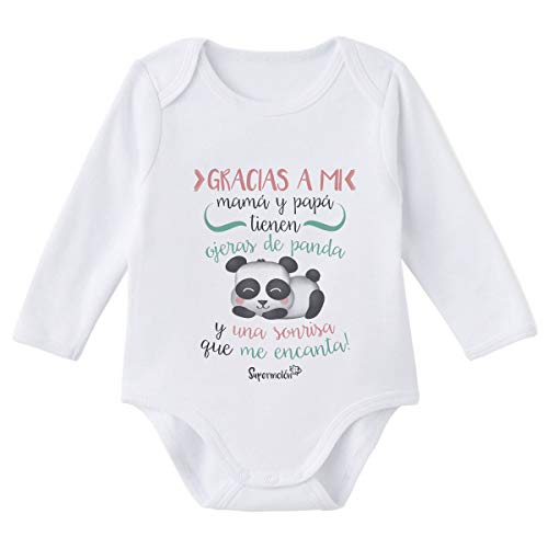 SUPERMOLON Body bebé manga larga Ojeras de panda Blanco algodón para bebé 3-6 meses