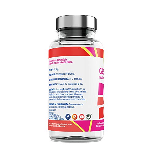 Suplemento Natural Inositol + Ácido Fólico | Vitamina B9 | Esencial durante el Embarazo | Para el SOP (Síndrome Ovario Poliquístico) Alta Absorción – 120 Cápsulas – Aquisana