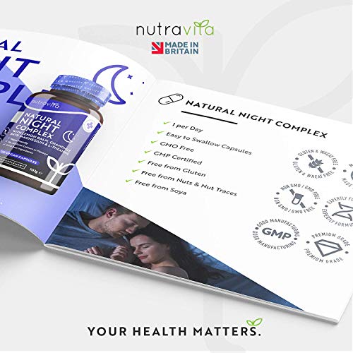 Suplemento Natural para el Sueño - toronjil, manzanilla, 5HTP, L-teanina, magnesio, vitamina B12-para el funcionamiento óptimo del sistema nervioso-120 cápsulas veganas-manufacturado por Nutravita